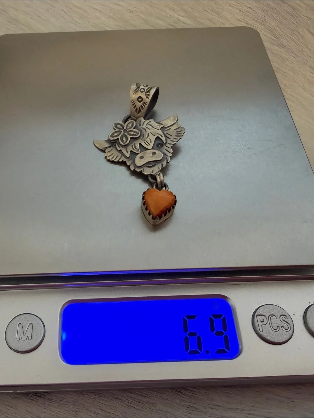 ❤️ Orange Spiny Oyster Heart Sterling Hand Stamped Highland Cow Pendant 1.97”L - Picture 9 of 13